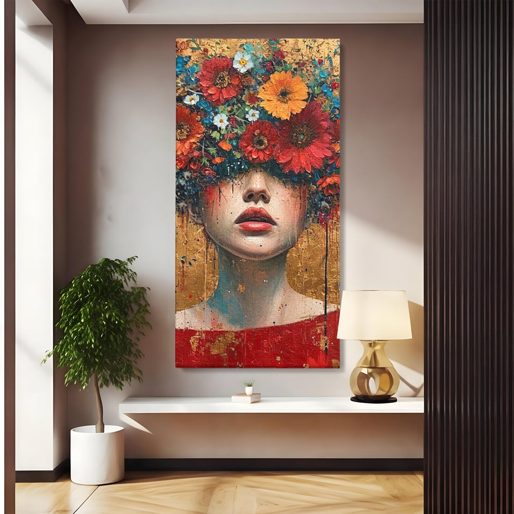 Tablou canvas cu tablou canvas cu portret de femeie si flori, fara rama, pe sasiu de lemn